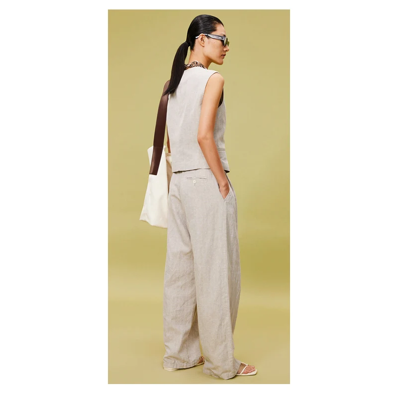 Solid Color High-end 100% Pure Linen Women's Pants Elegant and Graceful Wide-leg Pants for Business and Casual Wear