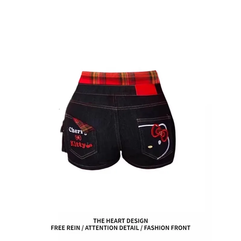 

Американский Sle Spicy Girl, милые джинсовые брюки с вышивкой, женские облегающие шорты большого размера с высокой талией и пряным дизайном