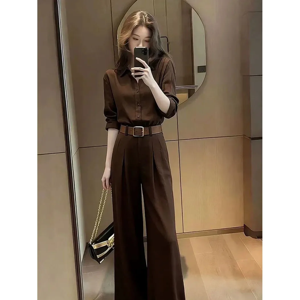 Office Female Sets Temperament Slim Long Sleeve Cardigan Blouse And Suit Long Pants 2 Piece Sets Women Coffee Shirt Coat Outfits