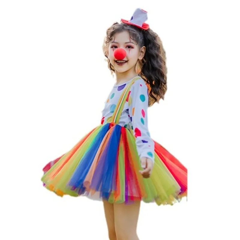Halloween Cosplay Costume Clown Long Sleeve Digital Printed Mesh Dress Performance Party Role Playing Outfits for Girls
