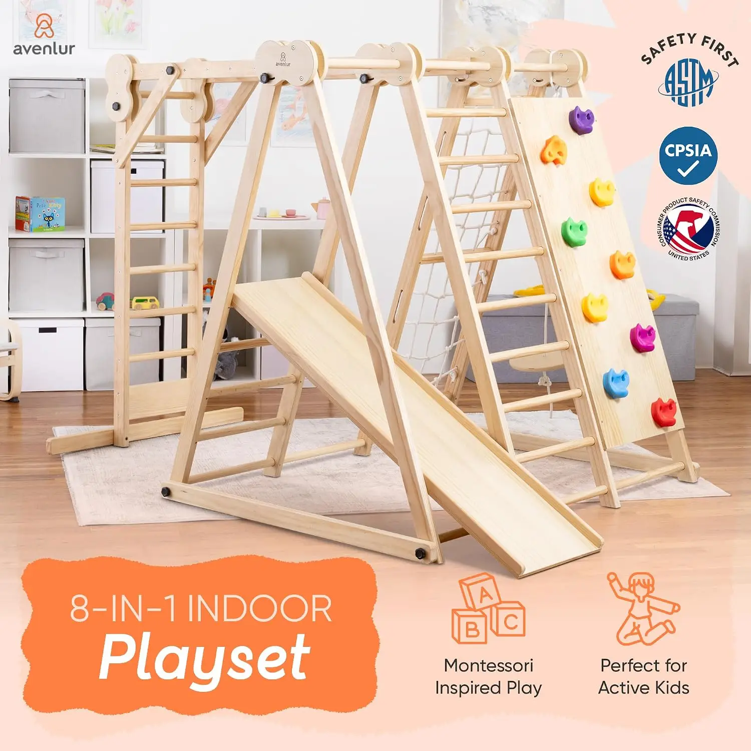 Wooden Climbing Playset with Slide, Monkey Bars, Ladder, Rope, Rock Wall, Swing, Rings & Disc for Toddlers Ages 2-6, Customized
