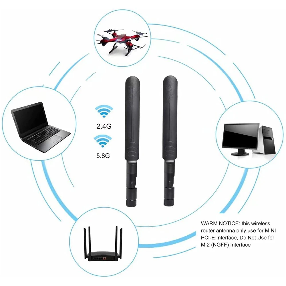 2 x 8dBi WiFi RP-SMA Male Antenna 2.4GHz 5.8GHz Dual Band +2 x 35CM U.FL/IPEX to RP-SMA Female Pigtail Cable for Mini PCIe Card