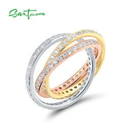 SANTUZZA Real 925 Sterling Silver Twisted Tricolor Ring For Women Sparkling White CZ Eternity Ring Chic Trendy Fine Jewelry