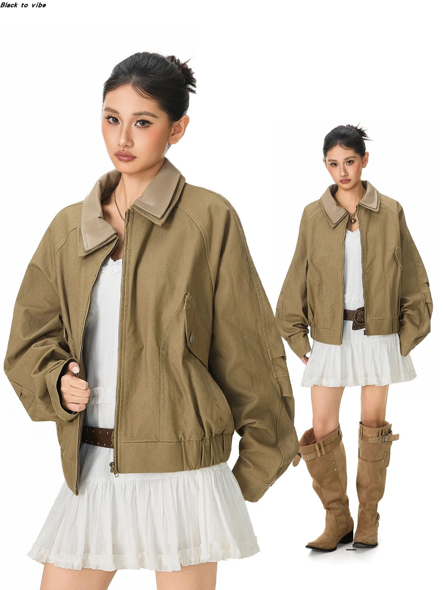 

Американский ретро лоскутный топ из искусственной кожи с двойным воротником, свободная повседневная осенне-зимняя верхняя одежда, универсальная элитная одежда