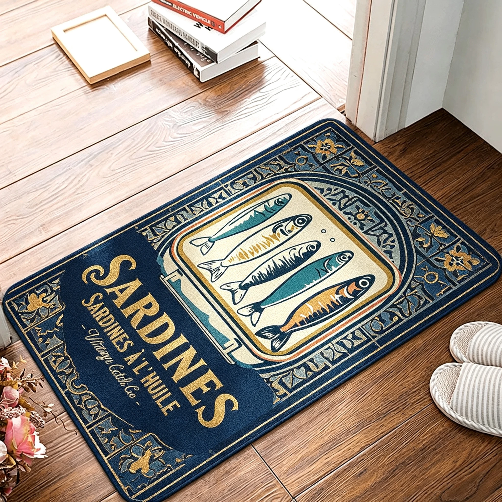 Retro Sea Fish Welcome Doormat for Front Door Floor Mat Home Decor Vintage Sardine Tin Graphic Art Print Old Fashioned Ornate