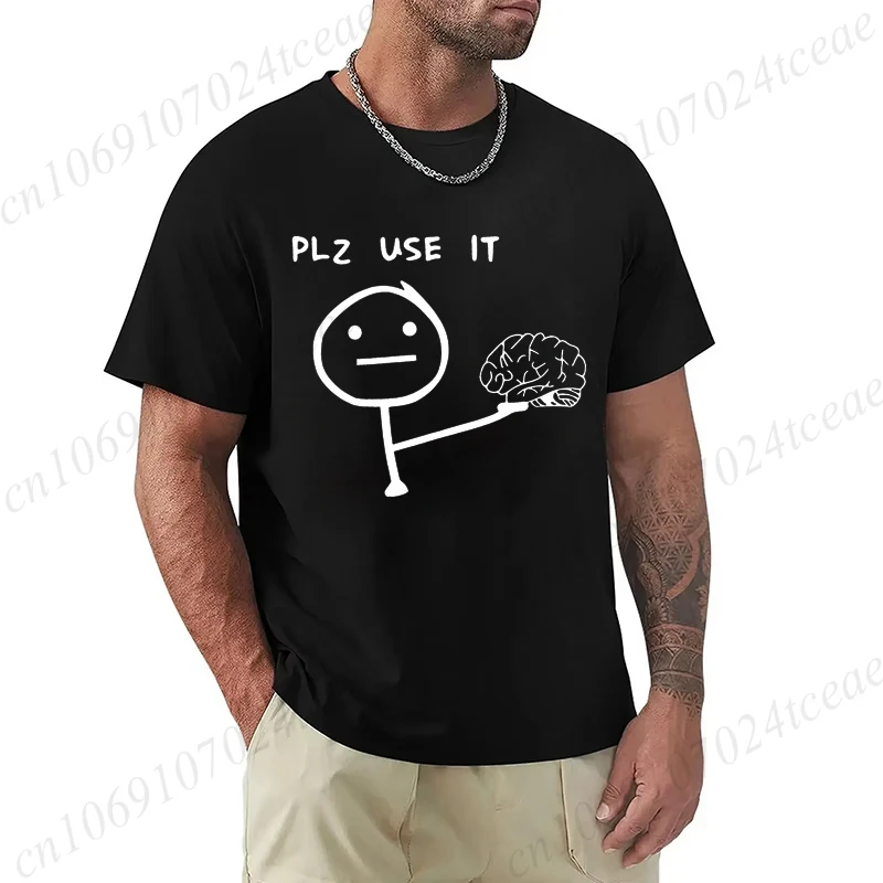 Lässiges Grafik-T-Shirt für Herren und Damen – „Plz Use It“ Cartoon-Gehirn-Design, kurzärmelig, Rundhalsausschnitt, Damen- und Herren-T-Shirts, modische Kleidung