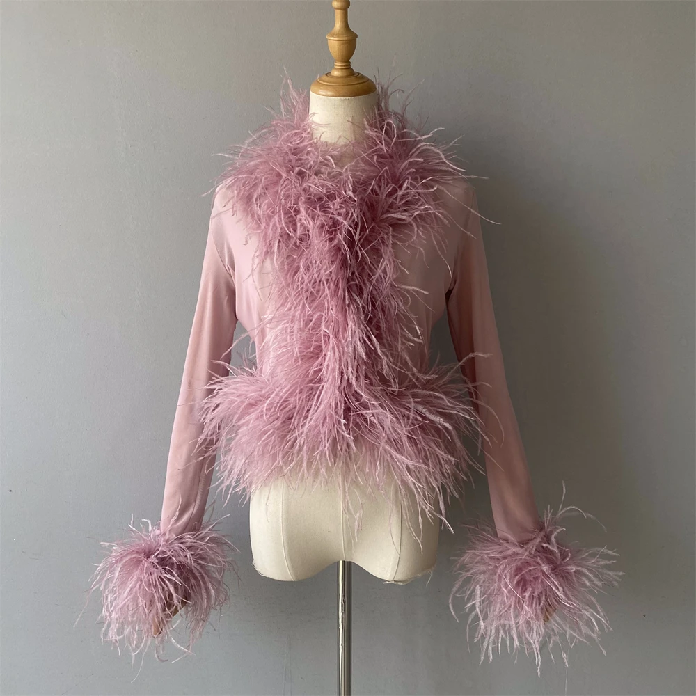 Jxwatcher Women Mesh Ostrich Feather Top Black S 10