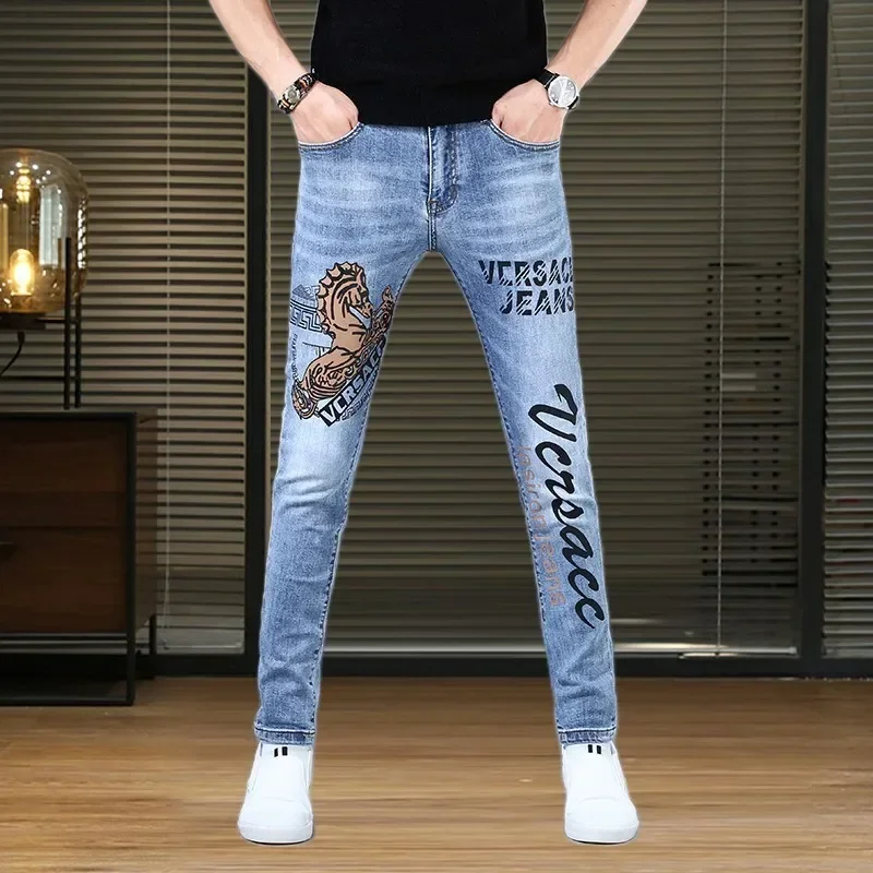 Korea Version Men’s Light Luxury Blue Jeans, Sexy Stretch Slim Jeans,High Quality Scratches Jeans, Stylish Street Jeans;