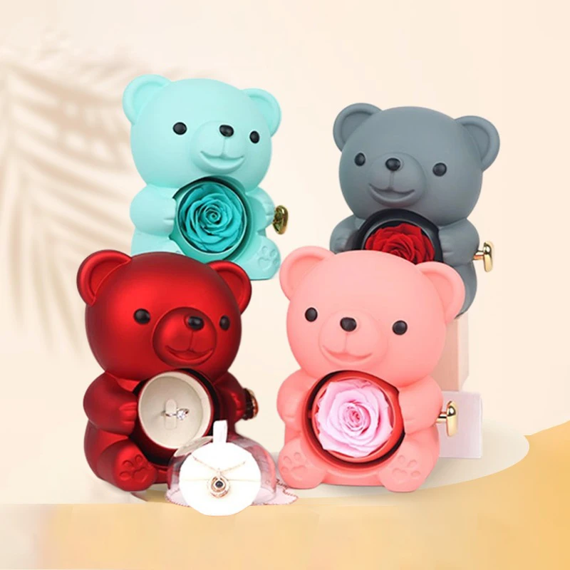 Cute Acrylic Colorful Bear Rose Necklace Earrings Ring Gift Box For Girlfriend Mother Wife Valentine Christmas Romantic Gifts