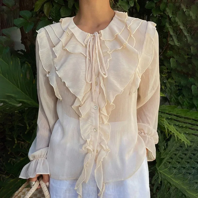 Talenza Bowknot Women's Shirt Spring Fashion Solid Ruffle Lace-up Long Sleeve Blouses Loose Casual Elegant Women Blouse 2025