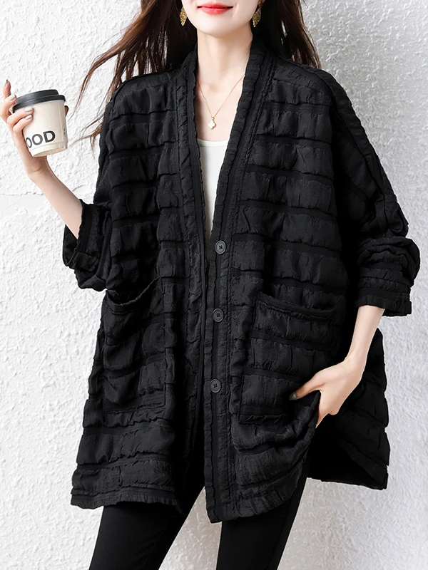 Fall New plus Size Texture Folded V-neck Open Cardigan Women's Outerwear Casual Style Polyester Fiber Long Sleeve Mid-length
