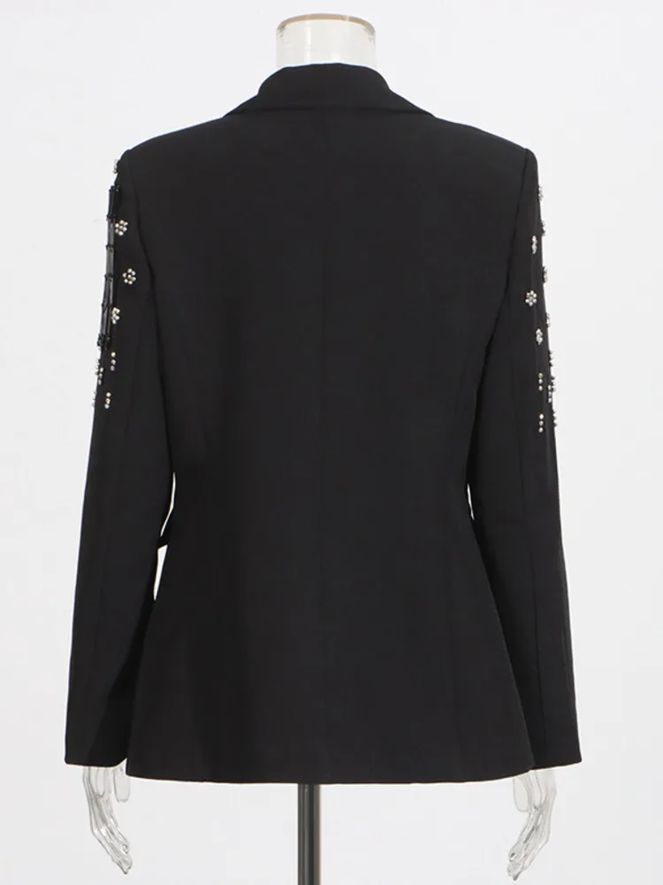 ZMEENNA 2025 春の新作レディースブラックブレザーラインストーン花装飾とフリンジディテールシングルブレスト ZM703