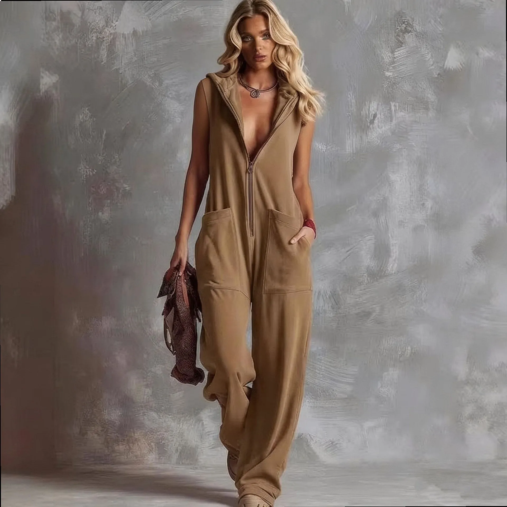 Retro Hooded V Neck Zip Jumpsuit Overall Romper Playsuit Spring Summer