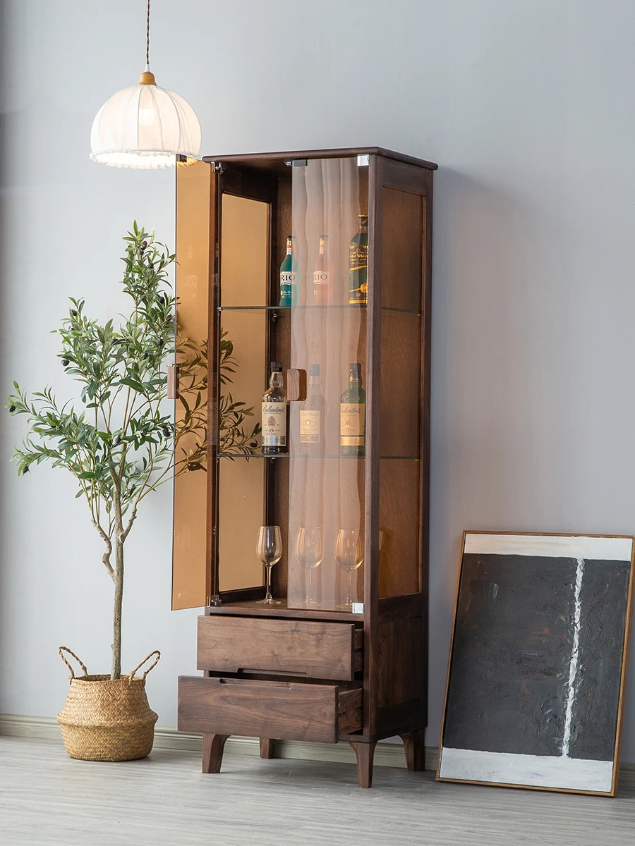 Light Luxury Black Walnut Solid Wood Storage  , Storage  Glass Wine  , Display Cabinet, TV Side Cabinet