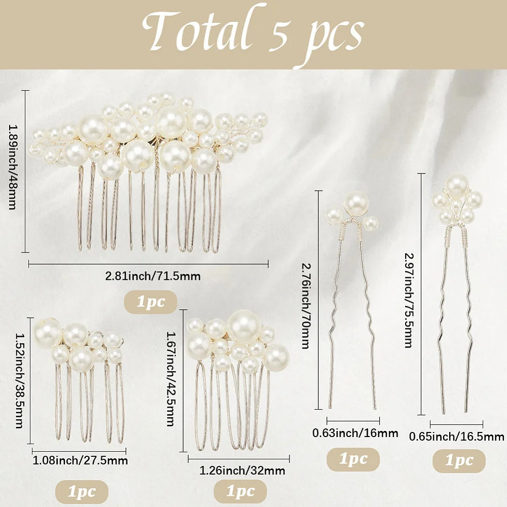 5Pcs Silver Bridal Pearl Hair Pins Clips Combs Decorations Accessories Kit Retro Different Size Barrette U Shape Bobby Pin