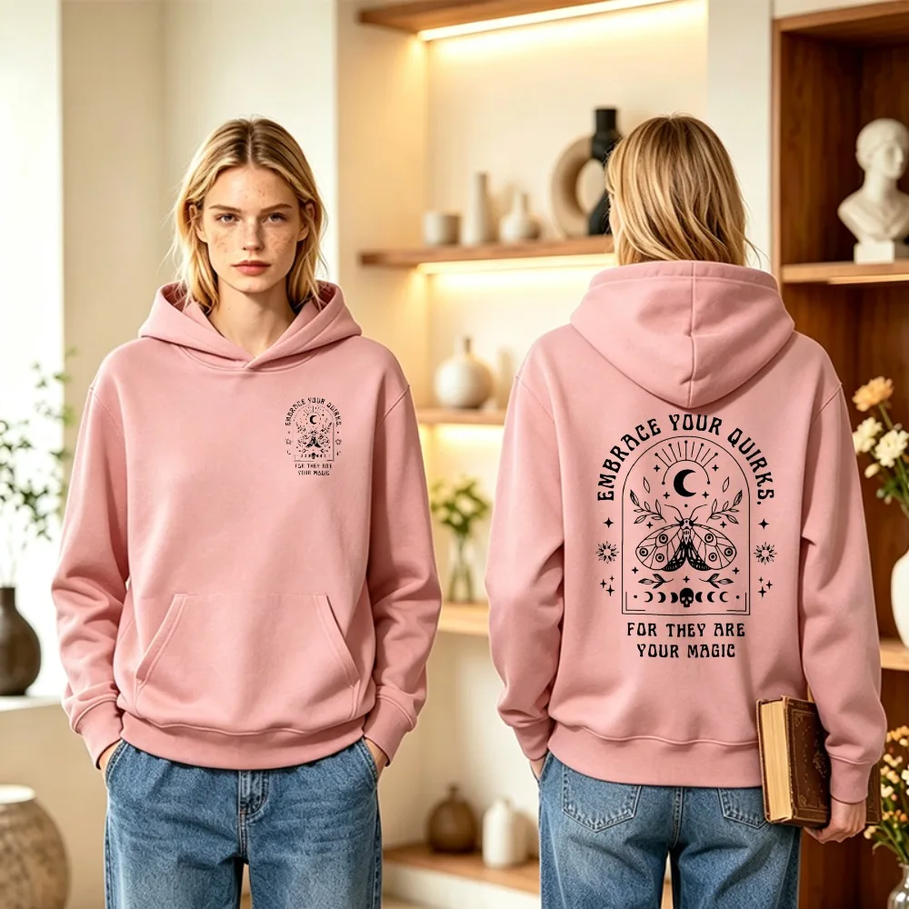 2026 Embrace Your Quirks for They Are Your Magic Hoodie Pink Celestial Moth Moon Stars Graphic Pullover Cozy Women Unisex Top