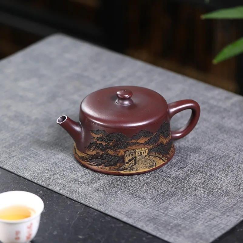 Yixing Zisha Teapot Made From Raw “Ancient Bronze” Clay, Fully Engraved with Scenic Views of Rivers and Mountains