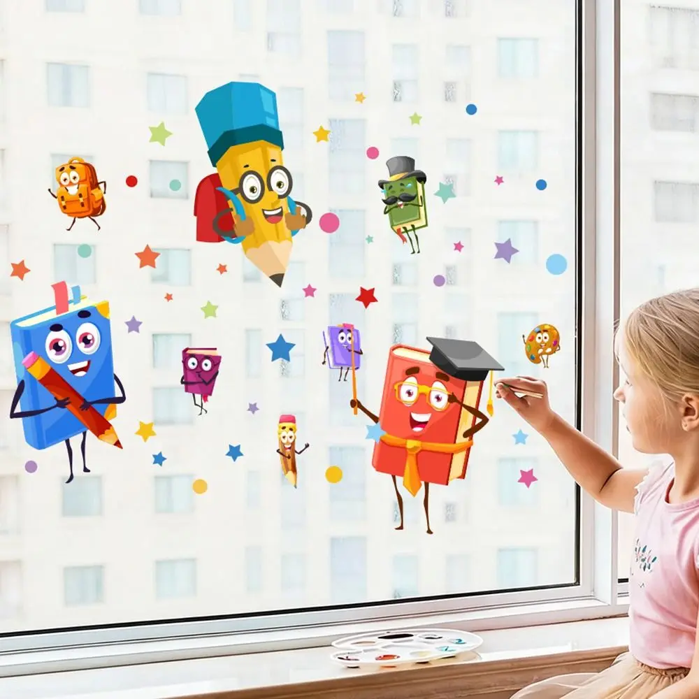 Multicolor Cartoon Stationery Static Sticker Waterproof Pencil Books Window Decals DIY Photo Props Decorative Sticker