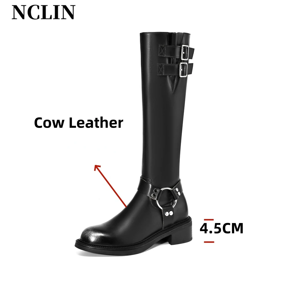 NCLIN 2024 Women Genuine Leather Knee High Boots Buckles Punk Warm Autumn Winter Shoes Woman Slim Long Motorcycle Boots Shoes