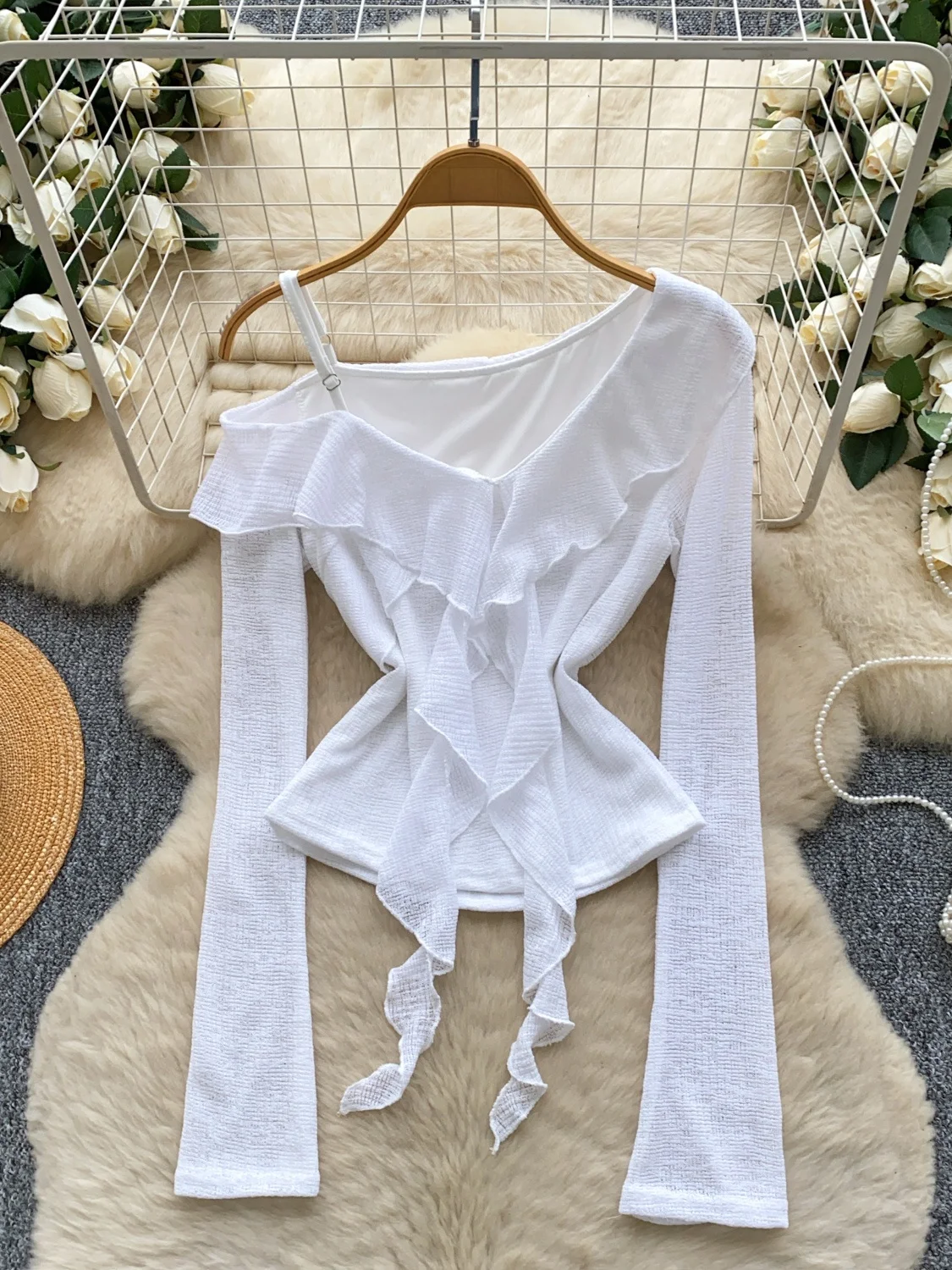 

Slim Fit Splice oulder Bared Long Sve Women's irt Design Sense Polyester Fiber Commute Sle Korean Version Base irt
