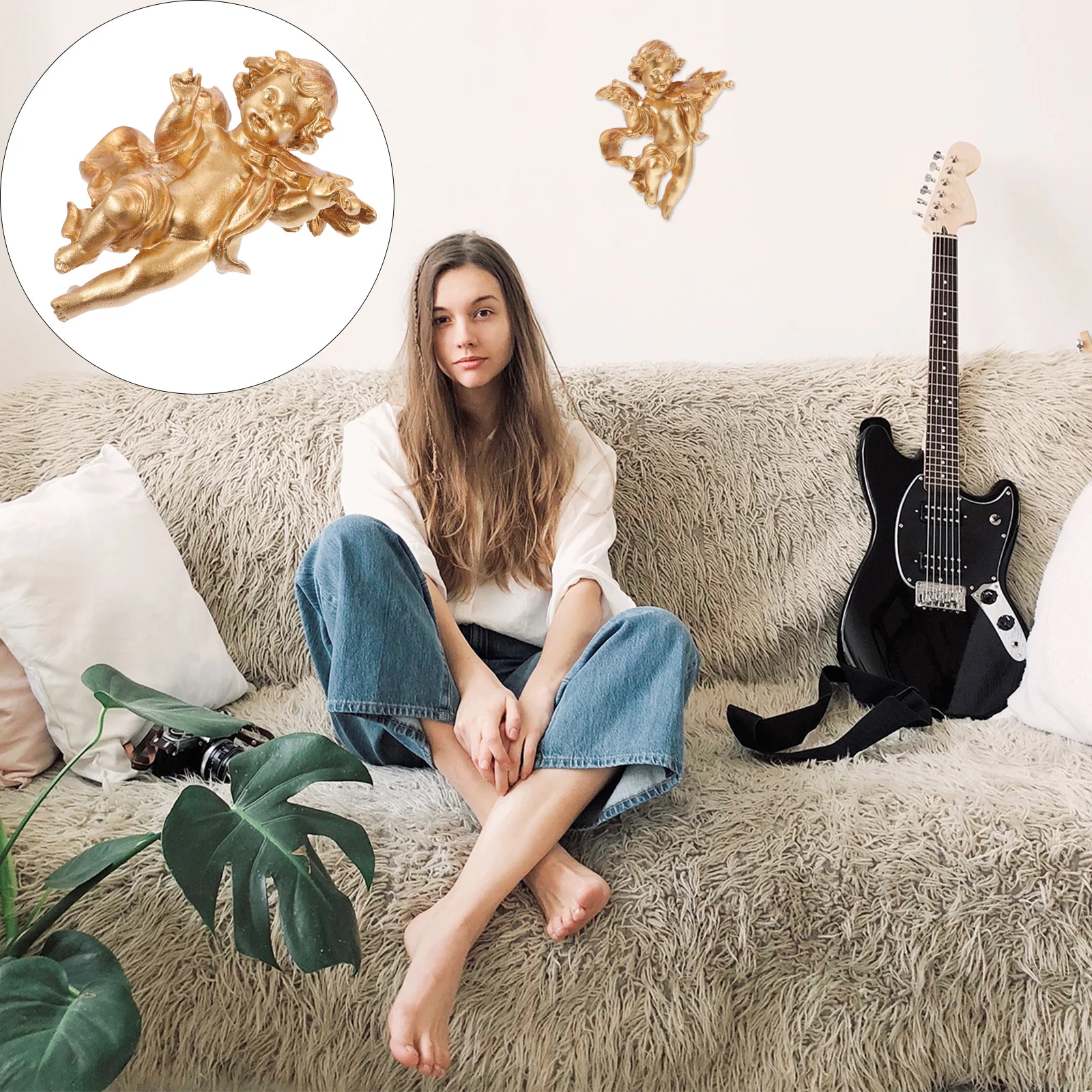 

2Pcs Angel Wall Hanging Sculpture European Style Resin Angel Decoration for Home Photography Prop Vintage Resin Wall Ornament