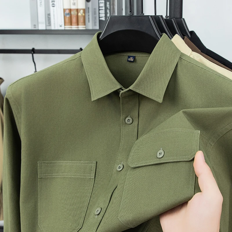 

Men Loose Version Shirt Jacket 100% Cotton Double Pockets Outwear Shirt Male Cotton Single Breasted Clothes Long Sleeve Dresses