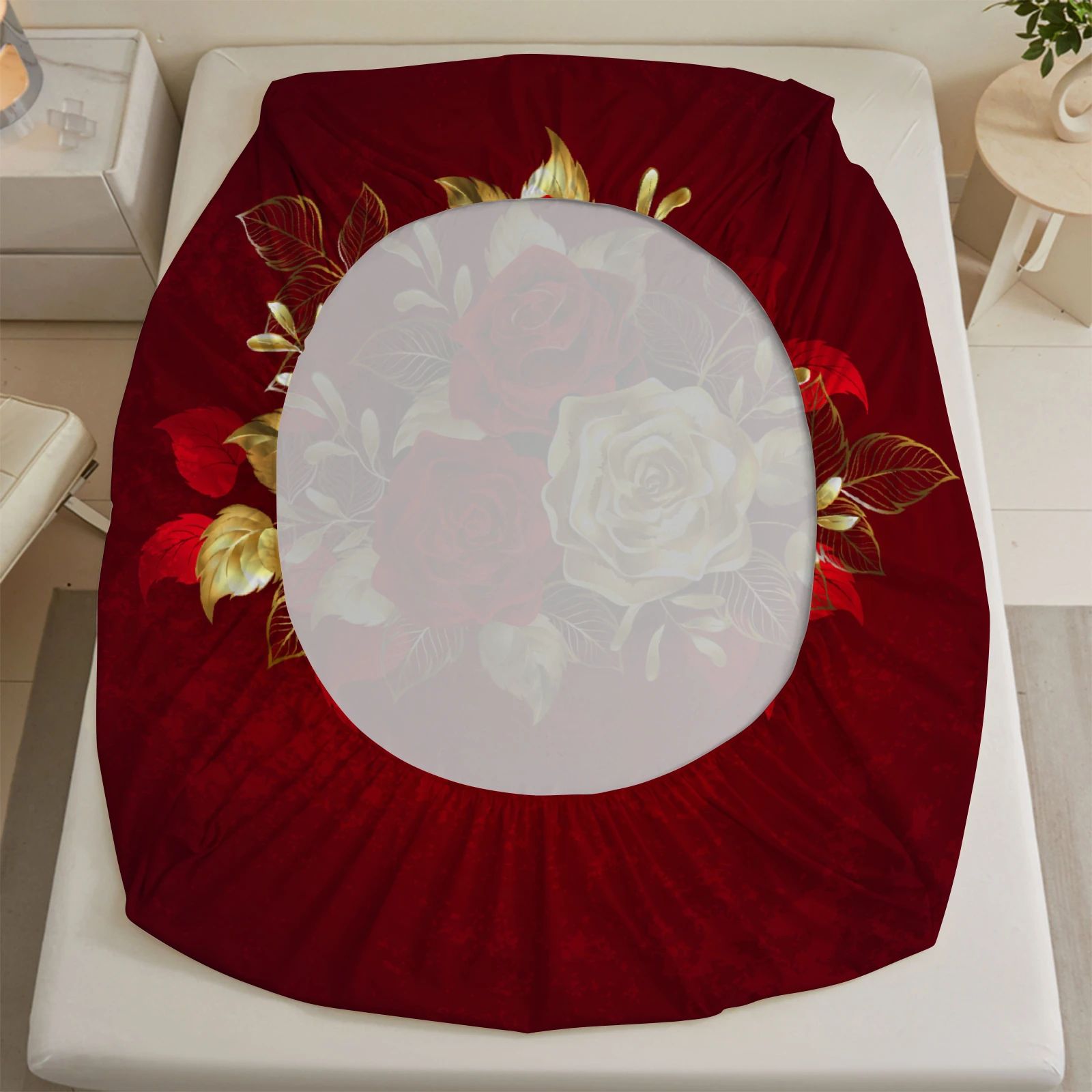 3pcs Golden Red Roses Printed Fitted Sheet 100% Polyester Durable Bedding Set Sheet ffor Home Bedroom Decoration Birthday Gift
