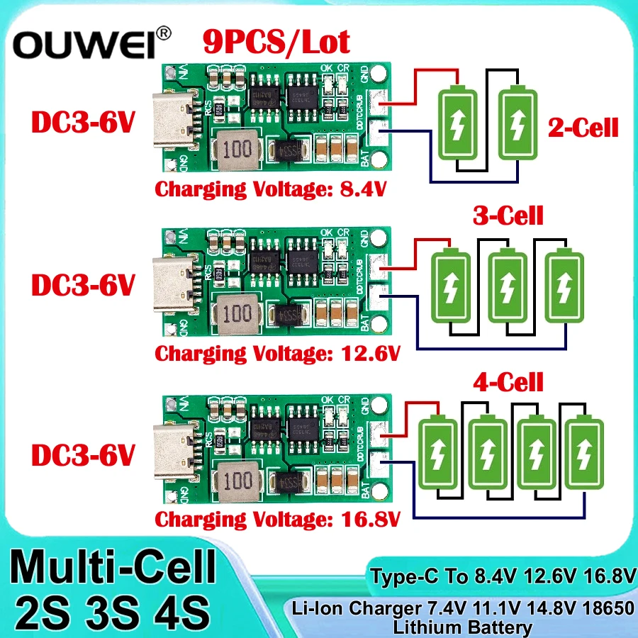 9PCS Multi-Cell 2S 3S 4S Type-C To 8.4V 12.6V 16.8V Step-Up Boost Polymer Li-Ion Charger 7.4V 11.1V 14.8V 18650 Lithium Battery