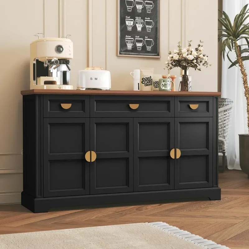 HLR 60” Large Buffet Sideboard Cabinet with 4 Doors and 3 Drawers Shaker Style, Coffee Bar Storage Cabinet for Dinning Room