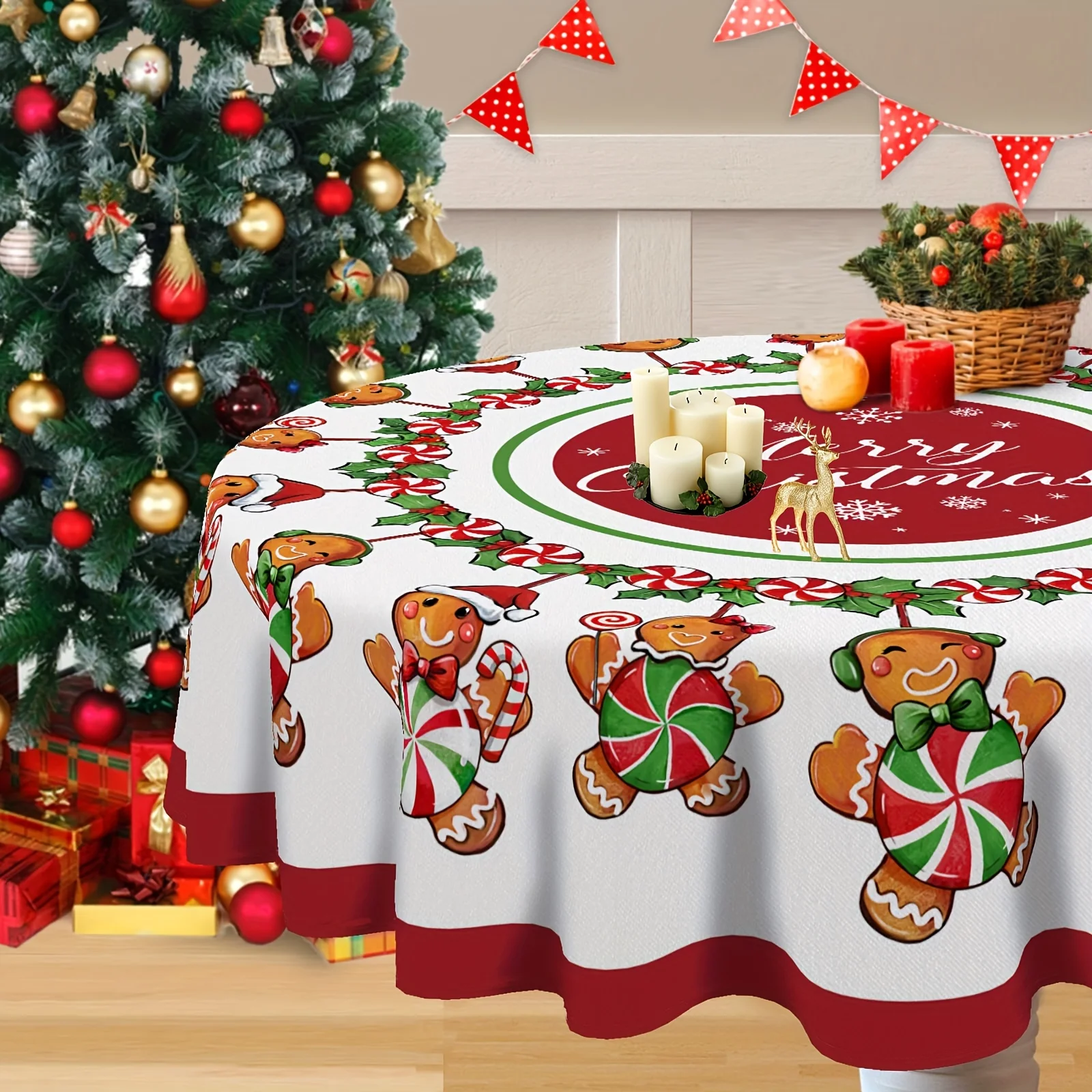1 piece of Merry Christmas gingerbread men round tablecloth, 60 x 60 inches - festive mint candieszyc