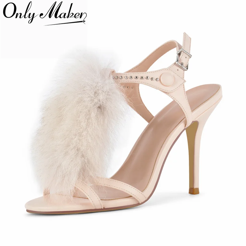 Onlymaker Round Toe Pink Faux Fur High Heel Sandals Rhinestone Slingback Buckle Strap 10CM Stiletto Heel Party Evening Sandals