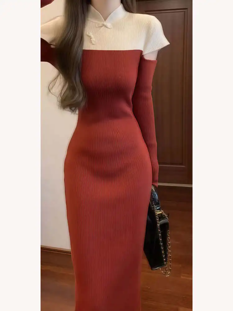 

Retro Unique Knitted Color Block Slim Fit Flag Dress New Chinese Style National Trend Spring 2026 Women's Fashion Dress