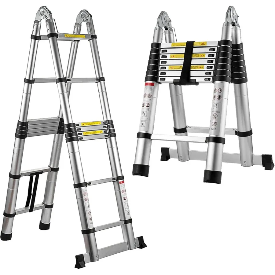 Escalera telescópica de aluminio de 16,5 pies, escalera plegable AFrame de 8,2 + 8,2 pies con barra estabilizadora, escalera de extensión resistente 2 en 1 ajustable