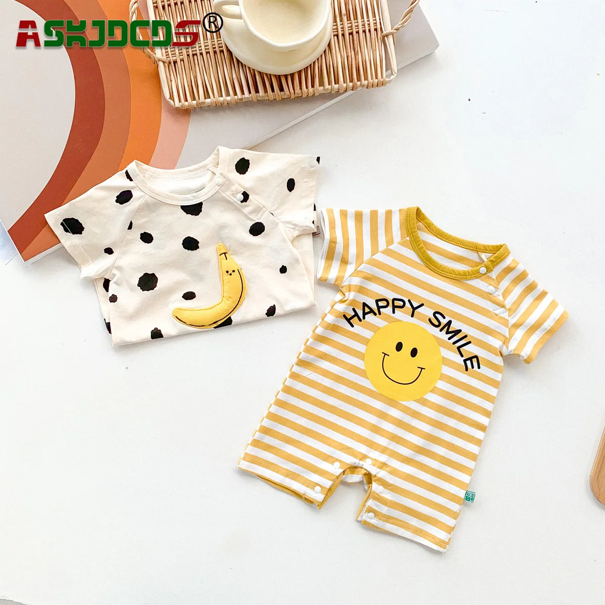 

2023 New In Summer Newborn Jumpsuits Cotton Romper Infant Baby Girls Short Sleeve Stripe Print 3D Banana Dot Outwear Kids