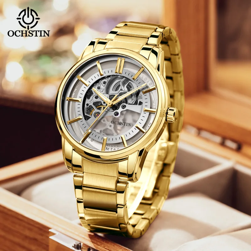 OCHSTIN New Stainless Steel Waterproof Mens Skeleton Watches Top Brand Luxury Transparent Mechanical Sport Male Wrist Watches