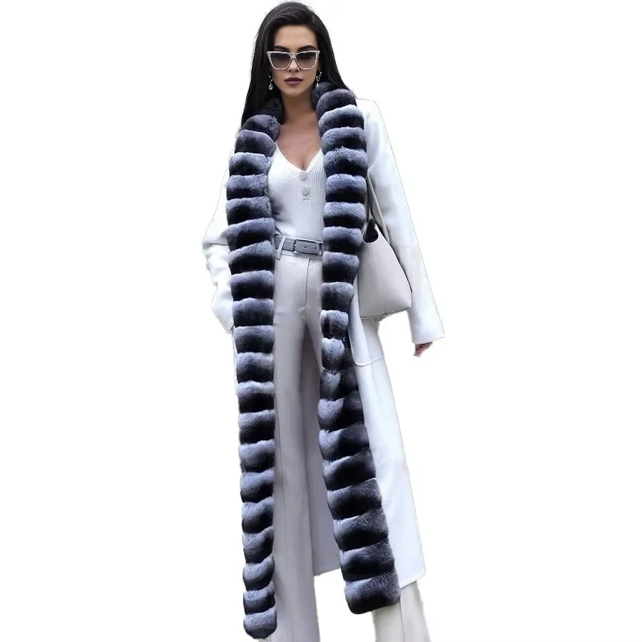 女性用ホワイトウールコート,ウサギの毛皮の襟付き,カシミアジャケット,高品質,冬,2024