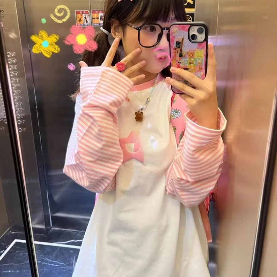 

Pink Loose Women's Sweatirt T-irt Second Hand Japanese Sle Home Sle Aibi Casual Long oulder Autumn Winter Clothes