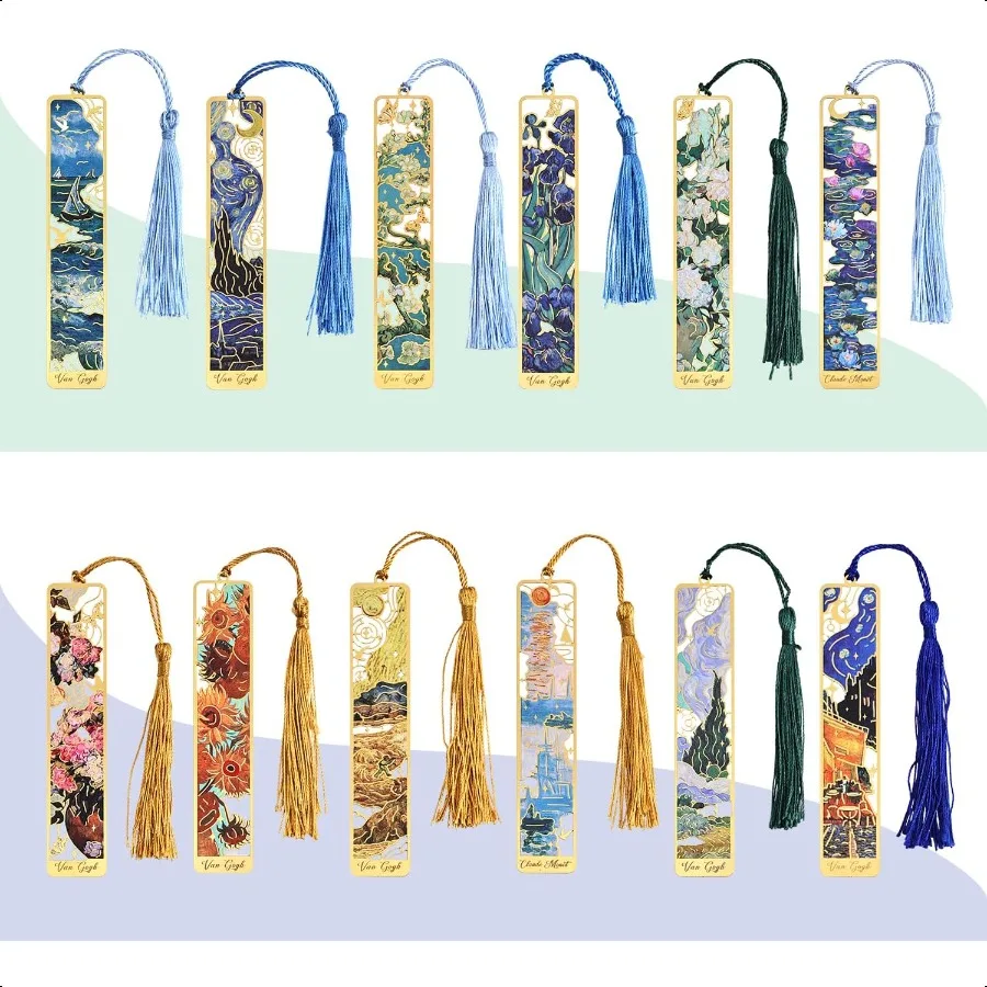 

12 Pieces of Gold Hollow Bookmarks with Tassels Featuring Van Gogh and Monet Oil Painting Themes. Perfect for Book Lovers Write