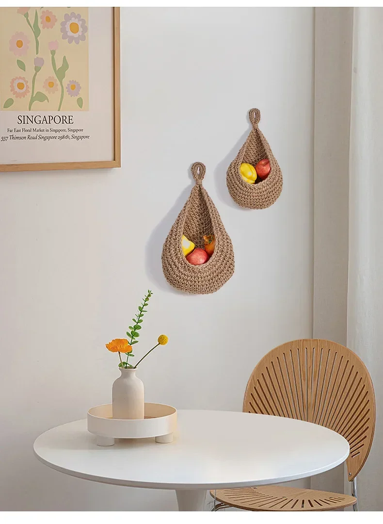 Handwoven Hanging Wall Fruit Vegetable Basket Organizer Container Decor for Kitchen Garden Mount Wall Plant Flower Onion Storag