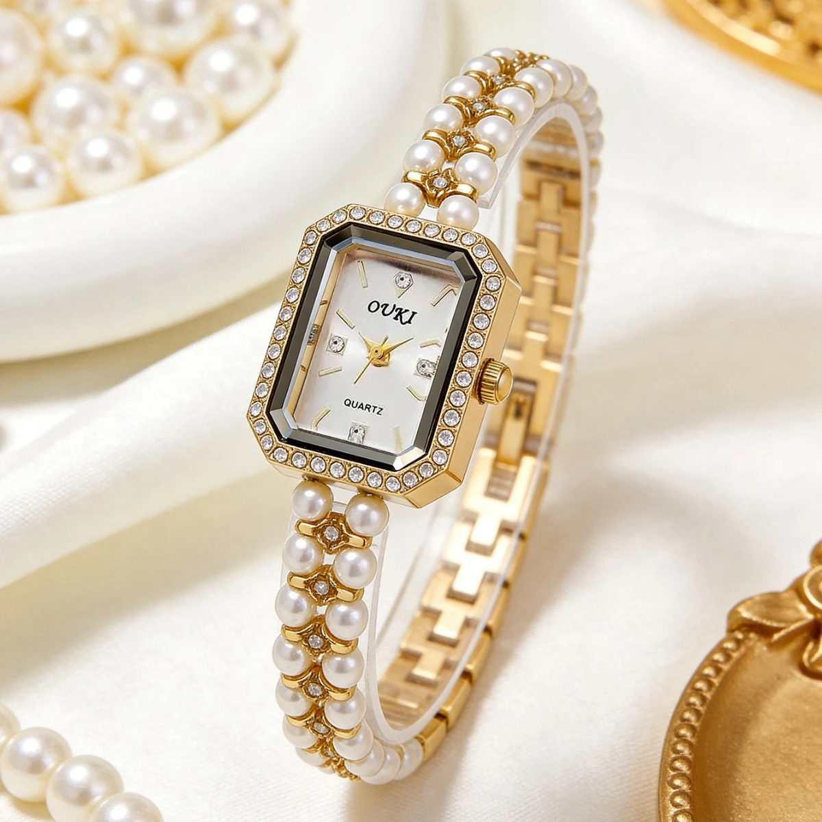 

Fashion Square Women Watches Elegant Imitation Pearls Strap Quartz Wristwatch Reloj Mujer（Without Box）