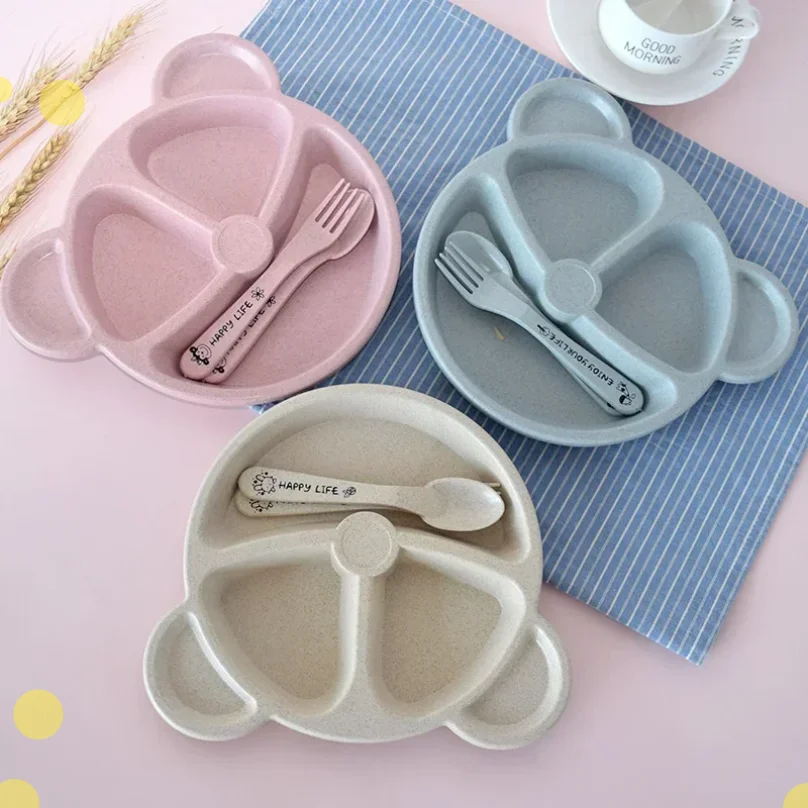 

1/3Pcs/set Wheat Straw Baby Dishes Cartoon Tableware Set Kids Dinner Baby Feeding Plate Training Bowl Spoon Fork Tableware