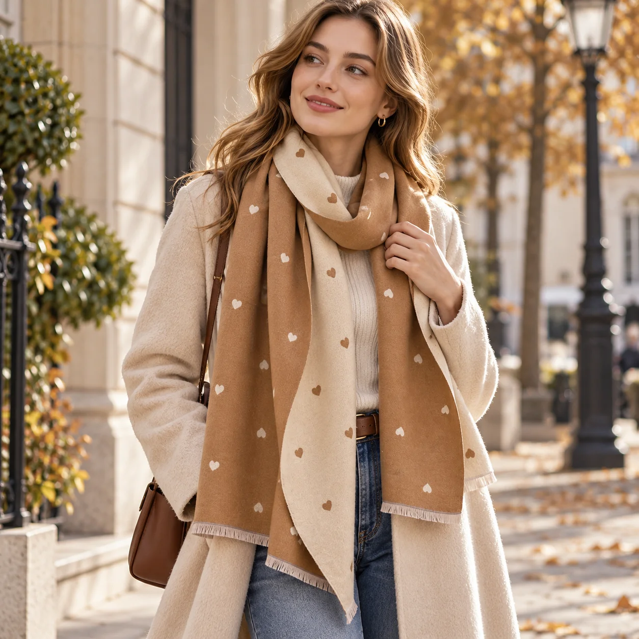 Womens Reversible Winter Scarf Heart Pattern Color Block Faux Cashmere Soft Warm Large Shawl Wrap for Autumn Cold Weather