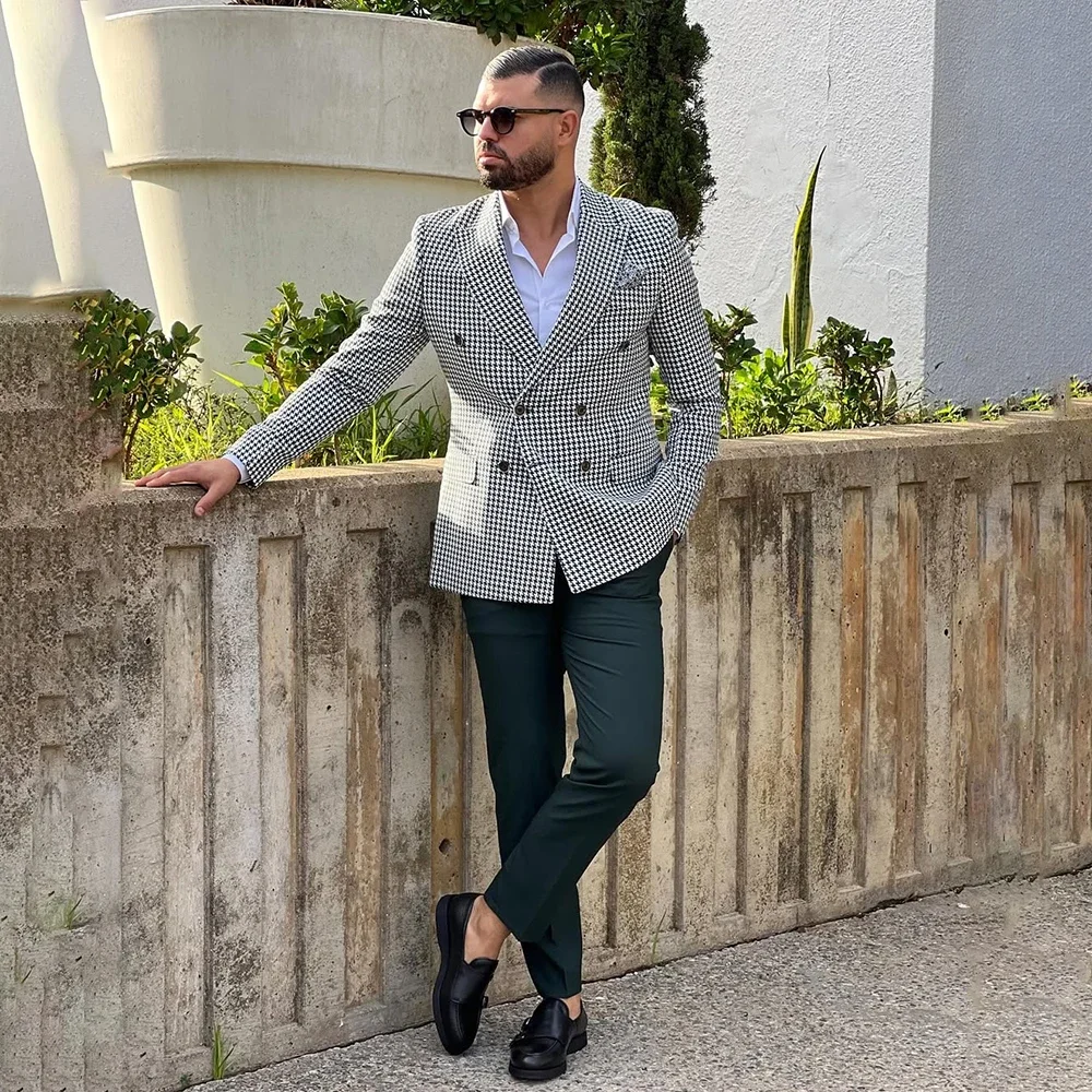 

Daily Male Outfits 2 Pieces Houndstooth Jacket Solid Pants Double Breasted Peaked Lapel Skinny Blazer Formal Party Groom Blazer