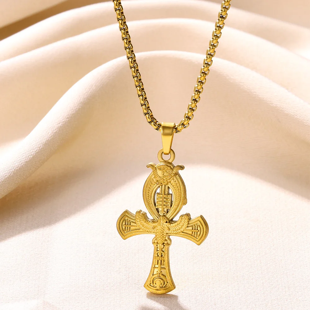 Egyptian Ankh Cross Amulet Necklaces for Women Men Stainless Steel Bird of Life Crucifix Key Pendant Necklace Religion Jewelry