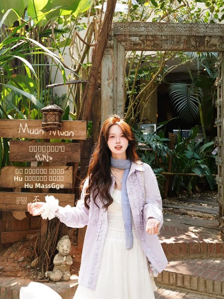 

Loose Korean Sle Pleated Design irt Casual Purple Collar All-Match Spring Autumn High-End Feeling Women's Cotton irt