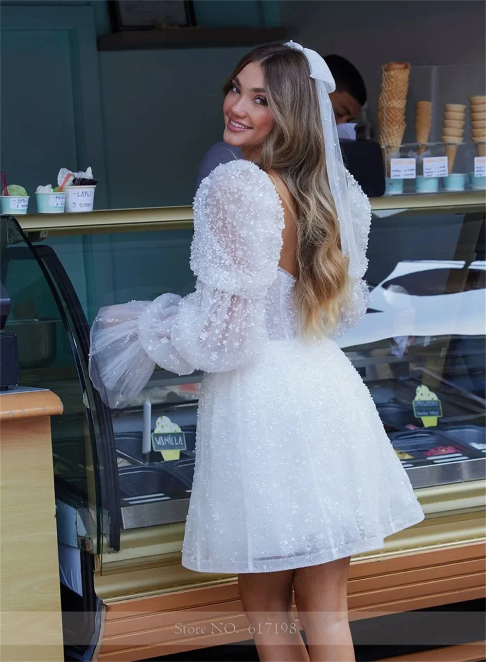 Elegant Sweetheart Mini Short Skirt Bridal Dress Beaded sequins Detachable Sleeves A-line Wedding Dress Customization