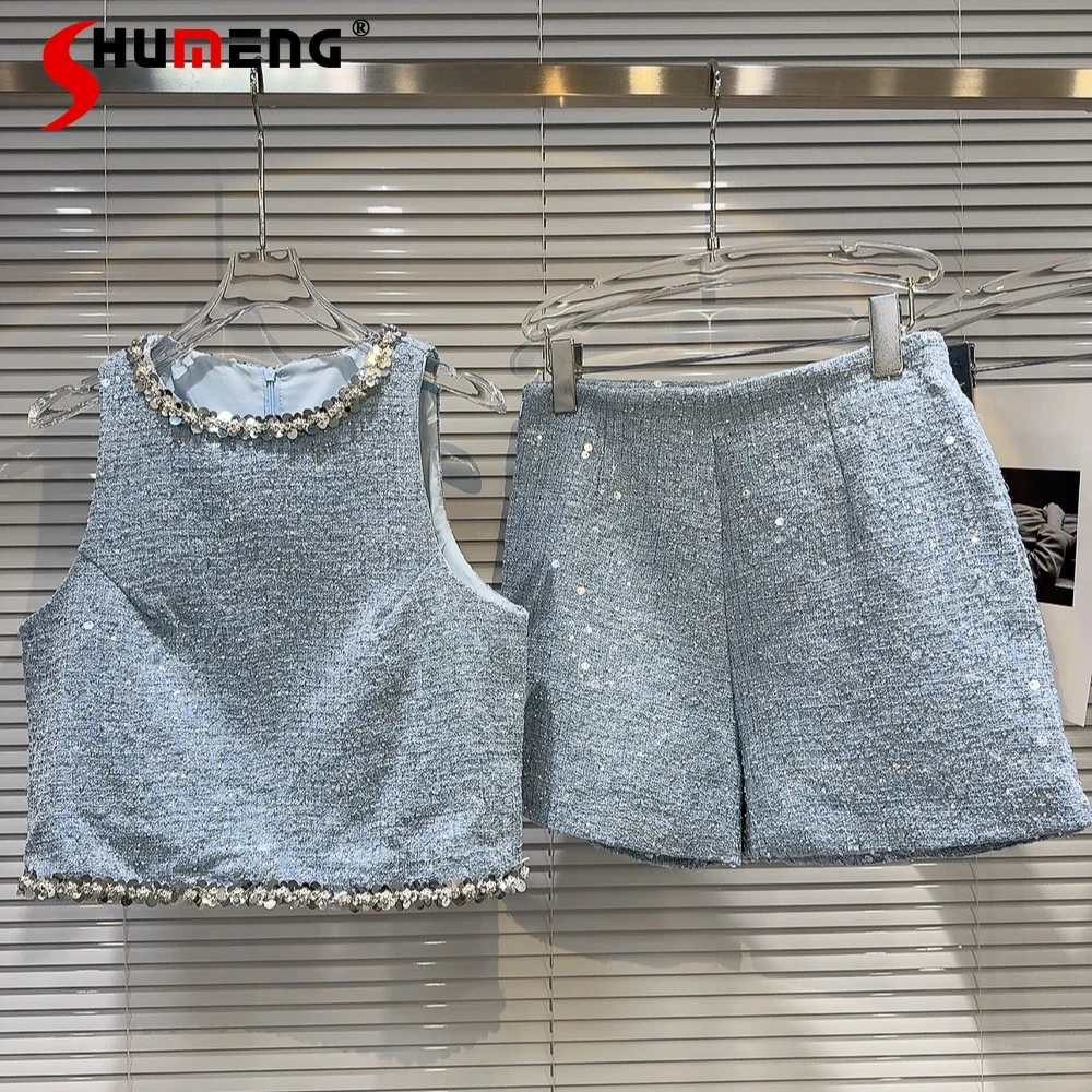 

Fashion 2024 Summer Short Sets Small Fragrant Silver Sequin Bead Sleeveless Vest Women's Tweed Shorts Solid Color Two-Piece Set