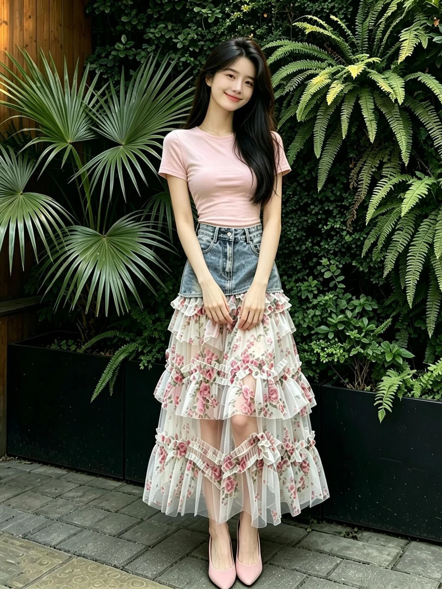 Slimming Floral Print Layered Skirt Korean Style Long A-Line Half Body Skirts for Women Autumn New Arrival Versatile Net Gown