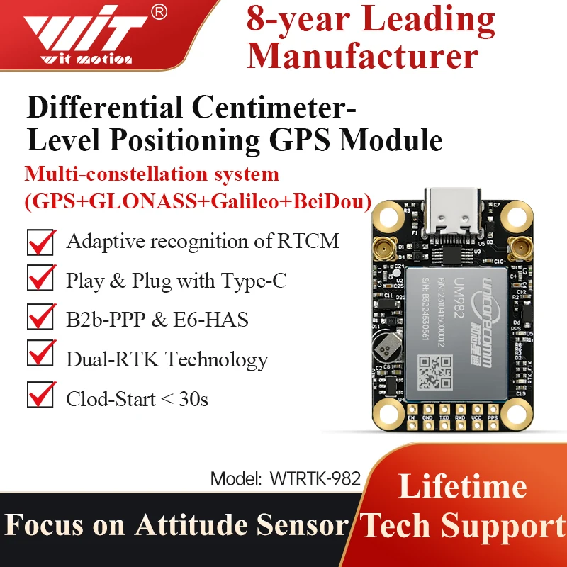 Módulo WITMOTION GNSS GPS-RTK UM982 diferencial de nível centimétrico de alta precisão orientação de posicionamento relativa UM960