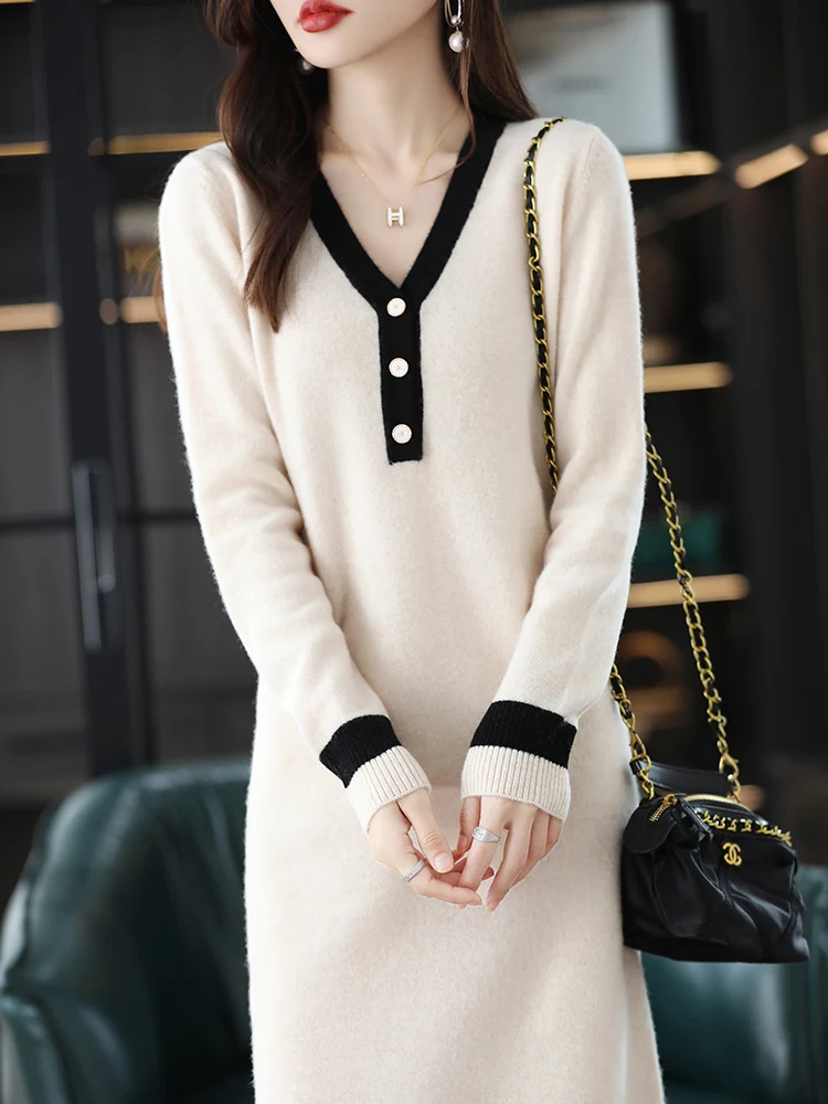 100% Pure Sweater Women's Knitted Bottoming Shirt Long V-Neck Long Sleeve Cashmere Sweater Casual Joker Dress